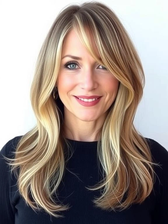 25 Chic & Elegant Spring Hairstyles for Women Over 50 12 Long Layers with Side Bangs