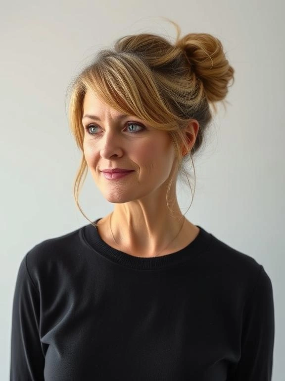 25 Chic & Elegant Spring Hairstyles for Women Over 50 18 Messy Bun with Soft Pieces