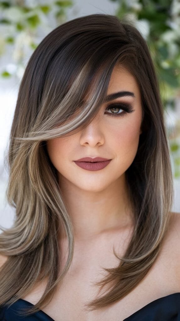 17 Bangs Covering One Eye Hairstyle Ideas: Inspiring Looks to Try Today 2 Side-swept long bangs covering one eye for a sophisticated look.