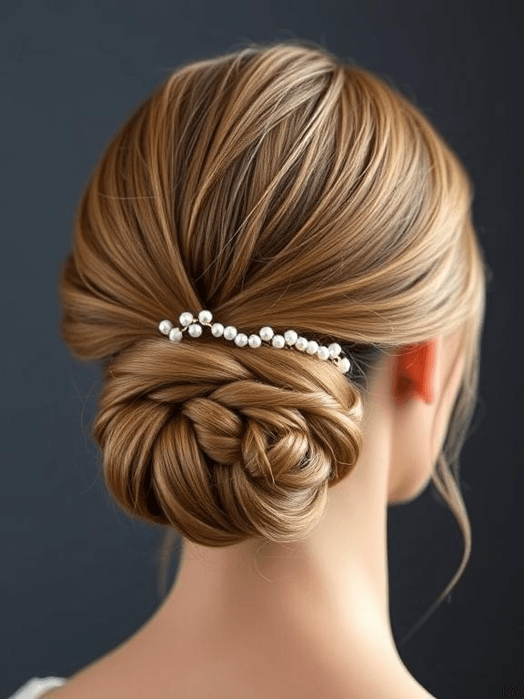 25 Elegant Prom Hairstyles for Medium-Length Hair: Stylish Ideas to Shine on Your Big Night 29 "Elegant low chignon hairstyle with a pearl hairpin and soft tendrils framing the face
