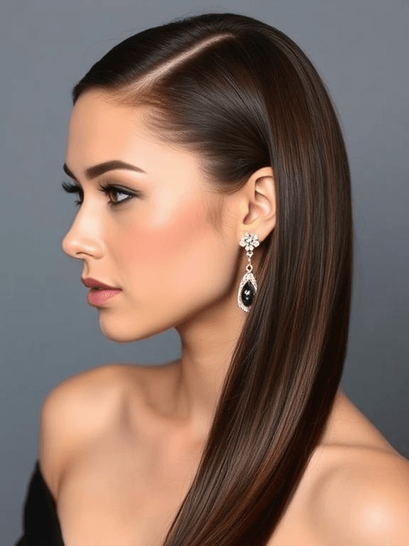 25 Elegant Prom Hairstyles for Medium-Length Hair: Stylish Ideas to Shine on Your Big Night 32 Sleek, straight hair with a deep side part and high-shine finish, paired with dramatic earrings.