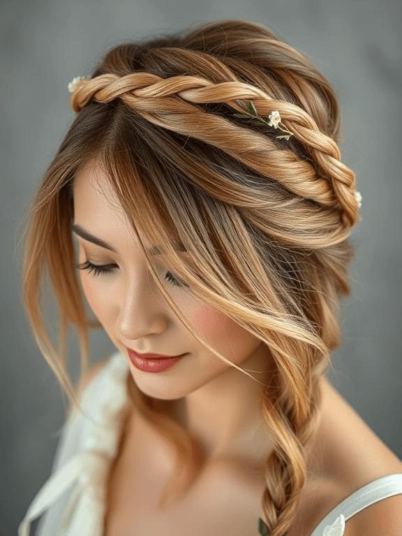 25 Elegant Prom Hairstyles for Medium-Length Hair: Stylish Ideas to Shine on Your Big Night 33 Loose braided crown with small floral accents, creating a soft and romantic bohemian look