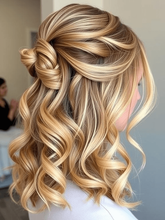 25 Elegant Prom Hairstyles for Medium-Length Hair: Stylish Ideas to Shine on Your Big Night 34 Half-up twisted waves with soft, flowing curls and pinned-back sections for an elegant touch.