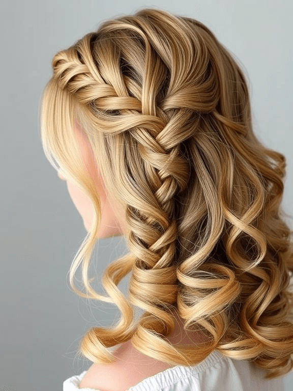 25 Elegant Prom Hairstyles for Medium-Length Hair: Stylish Ideas to Shine on Your Big Night 36 Waterfall braid elegantly woven through soft curls, creating a delicate and dreamy hairstyle.