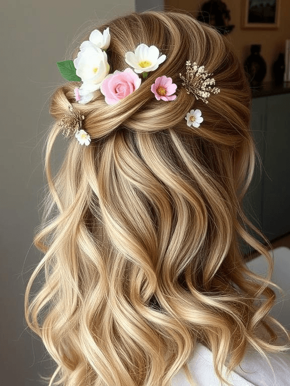 25 Elegant Prom Hairstyles for Medium-Length Hair: Stylish Ideas to Shine on Your Big Night 37 Half-up hairstyle with delicate floral accents, complementing soft, wavy hair for a whimsical look.