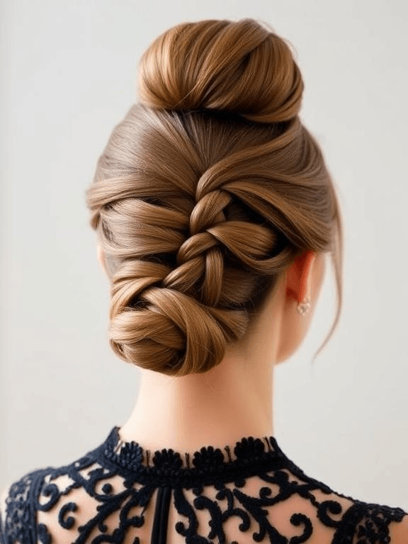25 Elegant Prom Hairstyles for Medium-Length Hair: Stylish Ideas to Shine on Your Big Night 39 High bun with a braided wrap for prom.