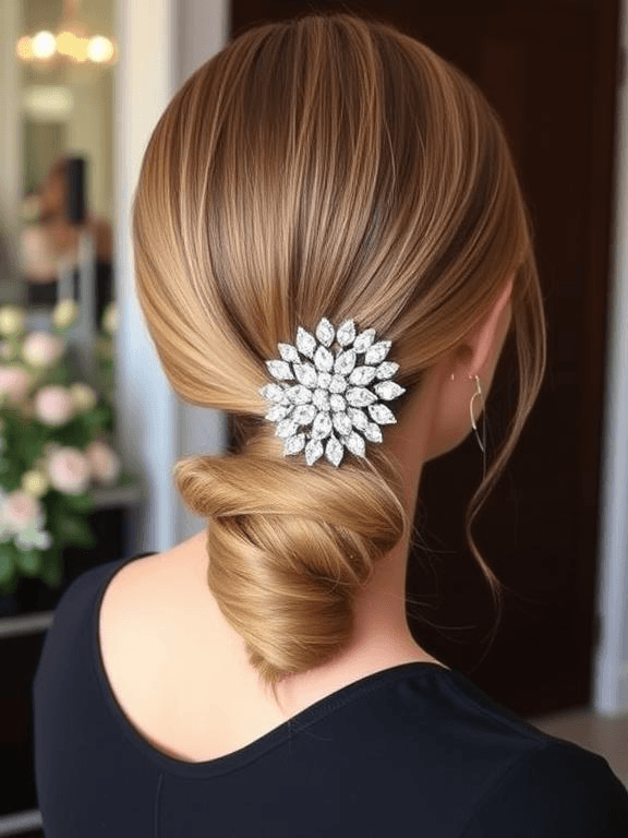 25 Elegant Prom Hairstyles for Medium-Length Hair: Stylish Ideas to Shine on Your Big Night 40 Sleek low ponytail with a statement clip for prom.