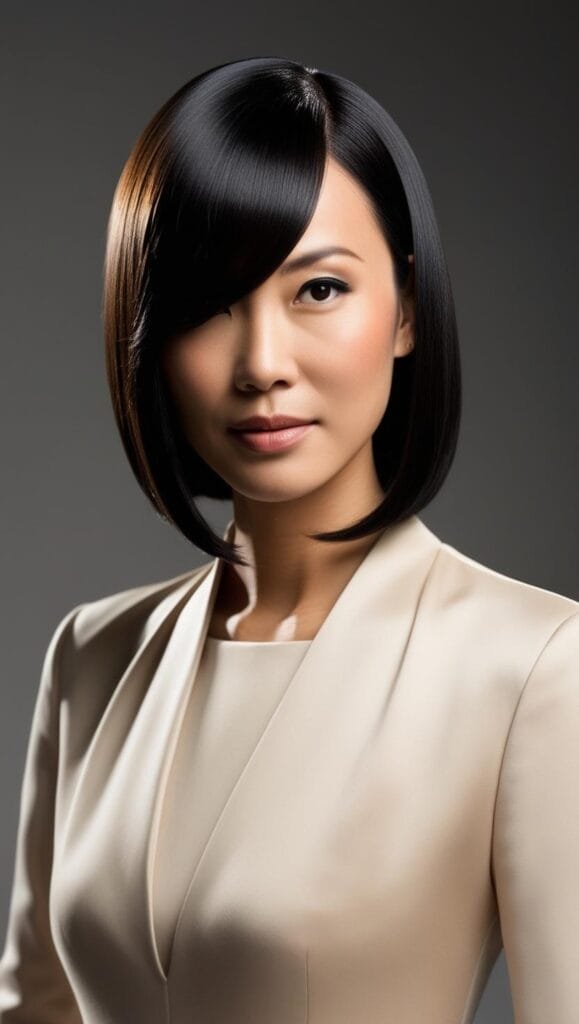 17 Bangs Covering One Eye Hairstyle Ideas: Inspiring Looks to Try Today 12 Bob with dramatic side bangs covering one eye for a polished and elegant style.