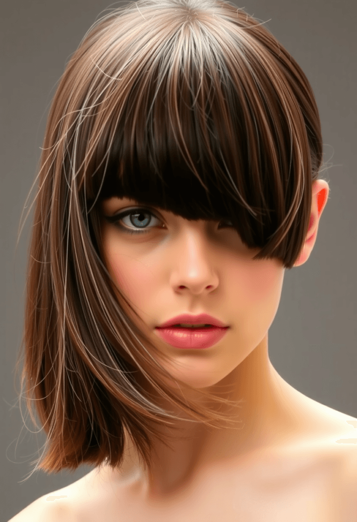 17 Bangs Covering One Eye Hairstyle Ideas: Inspiring Looks to Try Today 3 Blunt-cut bangs covering one eye for a bold statement.