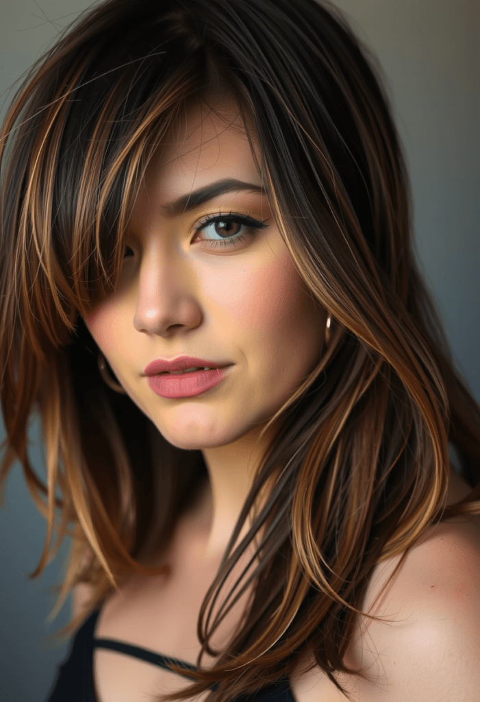 17 Bangs Covering One Eye Hairstyle Ideas: Inspiring Looks to Try Today 5 Layered side bangs covering one eye for added volume.