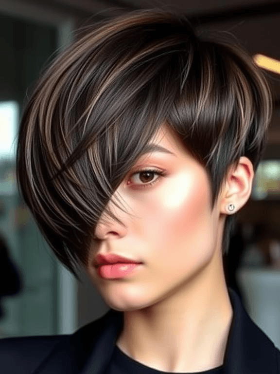 17 Bangs Covering One Eye Hairstyle Ideas: Inspiring Looks to Try Today 9 Asymmetrical bangs sweep across one eye for a bold and dramatic look.