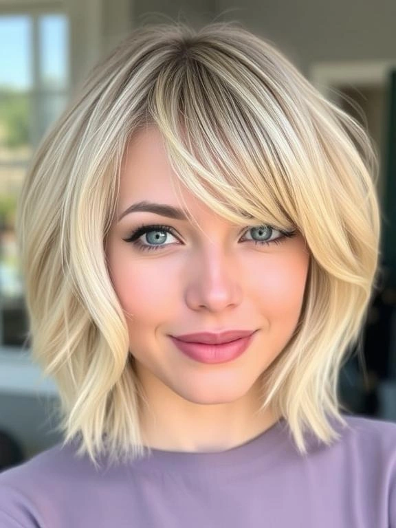 36 Flattering Lob Hairstyles for Fine Hair to Add Style and Volume 37 lob with Soft Feathered Bangs