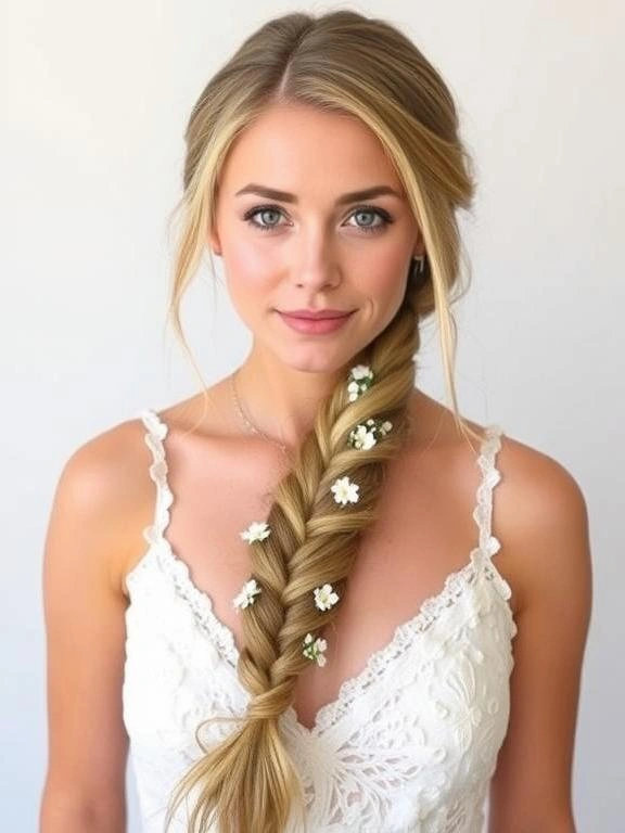 26 Spring Wedding Hairstyles: Gorgeous Looks for Brides & Guests 16 Floral-Adorned Fishtail Braid