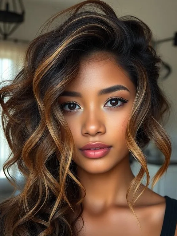 33 Gorgeous Hair Color Ideas for Brown Skin: Stunning Shades to Try Now 11 Woman with dark hair and soft sandy brown highlights.