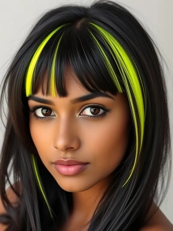 33 Gorgeous Hair Color Ideas for Brown Skin: Stunning Shades to Try Now 20 Dark hair with bold neon yellow streaks.
