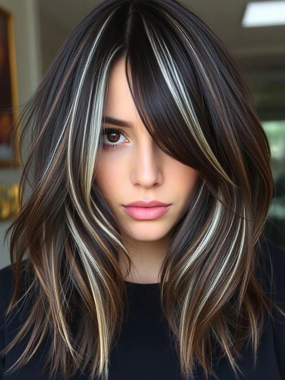 27 Chic Brown Hair with Silver Highlights Ideas for a Fresh and Stylish Look 14 Espresso Brown with Metallic Silver Streaks