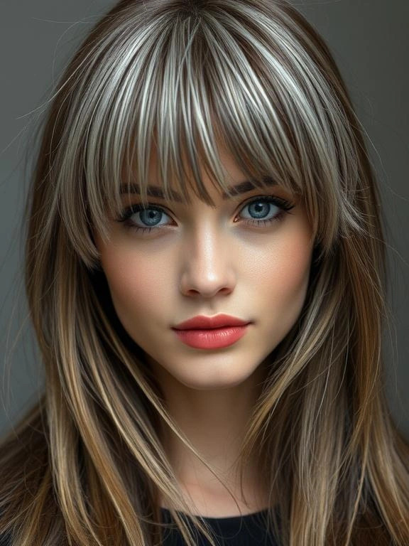 27 Chic Brown Hair with Silver Highlights Ideas for a Fresh and Stylish Look 17 Brown Hair with Silver Feathered Bangs