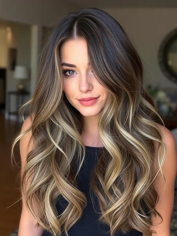 27 Chic Brown Hair with Silver Highlights Ideas for a Fresh and Stylish Look 20 Long Wavy Brown Hair with Silver Babylights