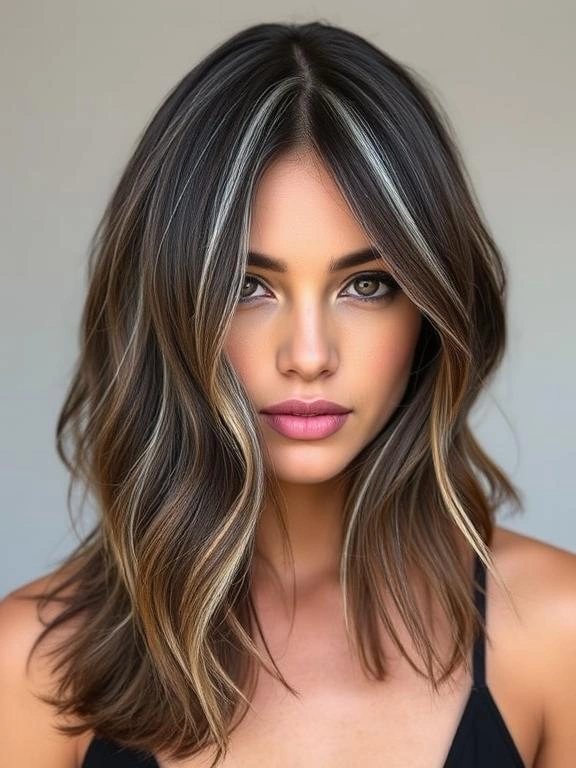27 Chic Brown Hair with Silver Highlights Ideas for a Fresh and Stylish Look 3 Chocolate Brown with Silver Streaks
