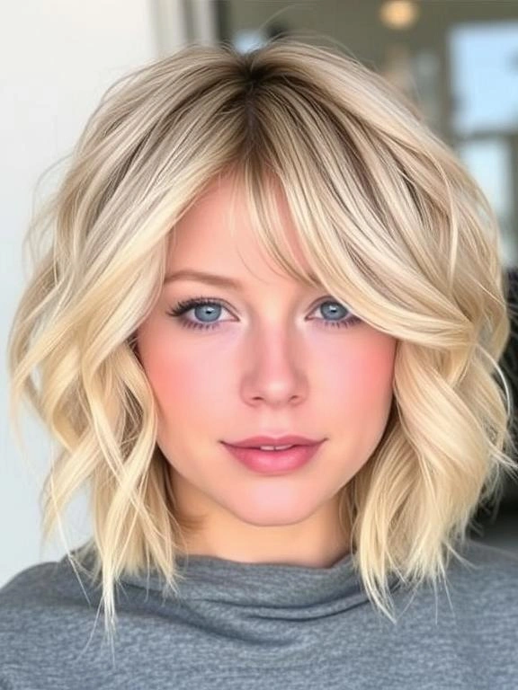 31 Modern Blonde Bob Hairstyles to Elevate Your Look 5 Wavy Blonde Bob with Bangs