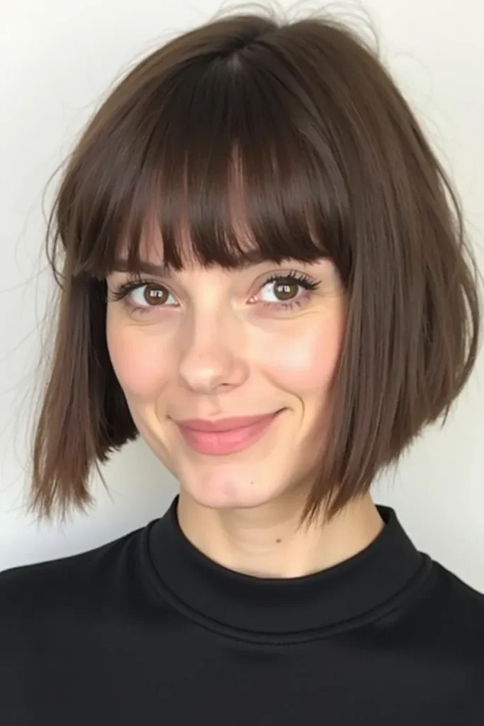 20 Unique Short Hairstyles for Thin Hair: Fresh & Flattering Looks 12 Flux Dev 11 ChinLength Blunt Bob with BangsAlt Text Chinlength 0