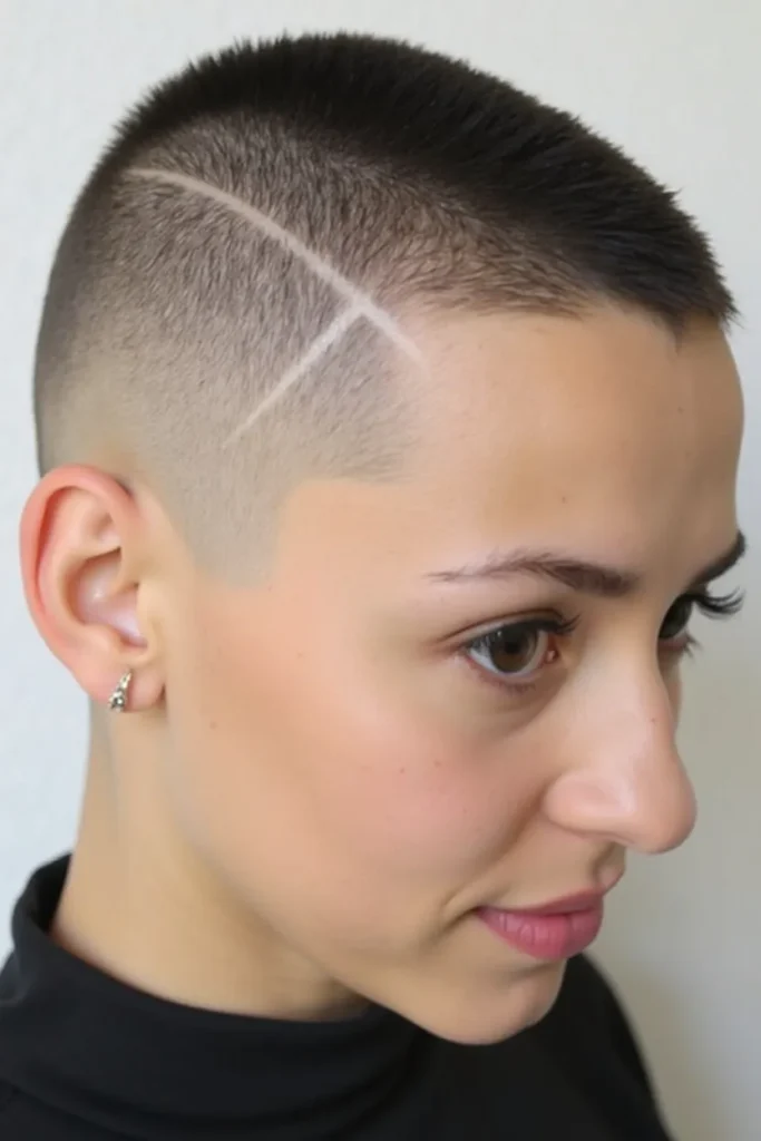 20 Unique Short Hairstyles for Thin Hair: Fresh & Flattering Looks 19 Flux Dev 18 Minimalist Buzz Cut with Side Line for a womenAlt 1