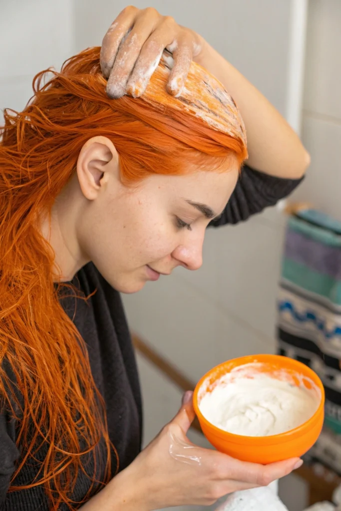 Say Goodbye to Orange Hair: Easy DIY Fixes for Brassy Bleach Mishaps 2 a person applying a deep conditioning mask to the